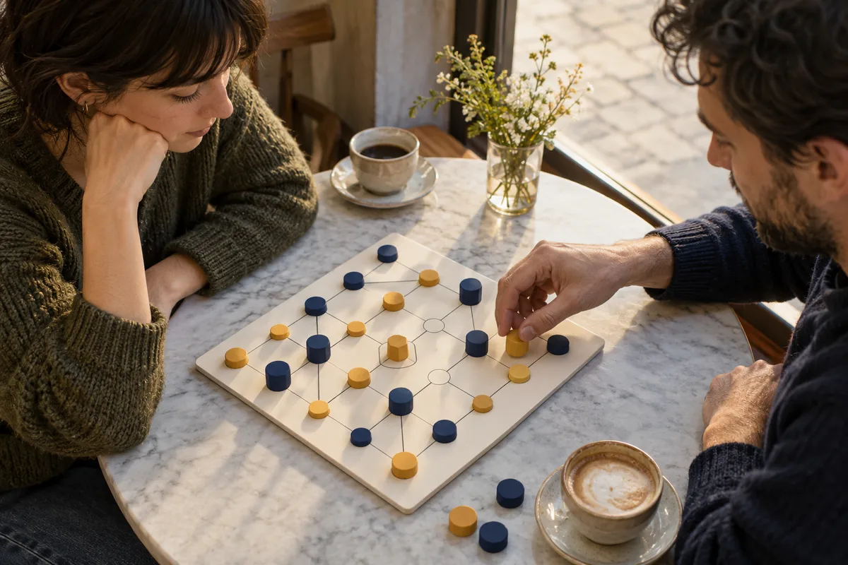 Due persone osservano un gioco astratto
